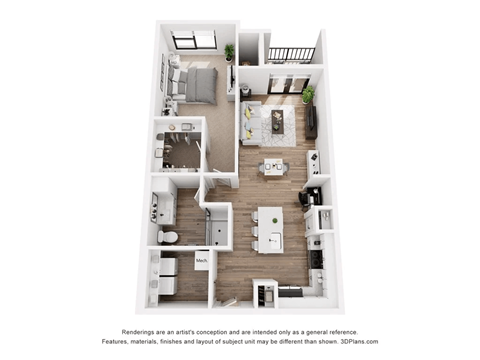 Floor plan for 1 bed, 1 bath, 859 sqft